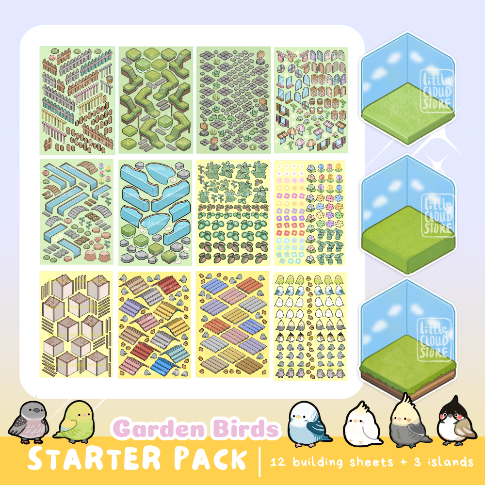 A collection of building and decoration sheets for a garden birds game, featuring various isometric designs for birds, flowers, and garden features.